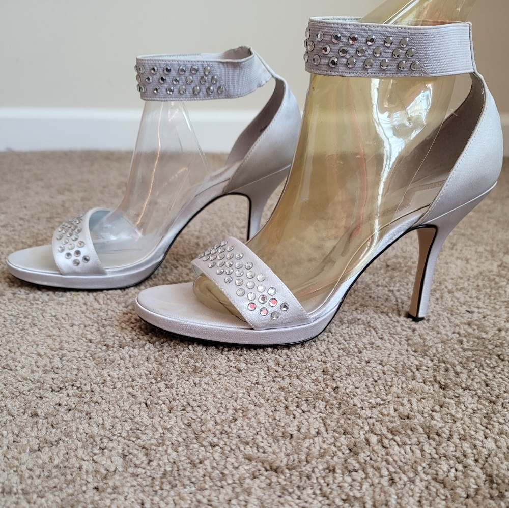Nina Silver Satin Ankle Strap Pumps Size 8